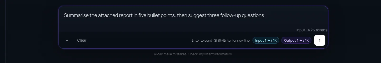 The message box: type here, attach files with ＋, and see the price per 1K tokens.