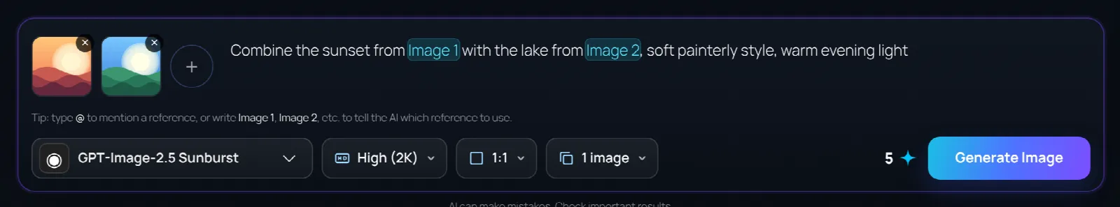 The Image composer: references, prompt, model and options, cost and Generate.